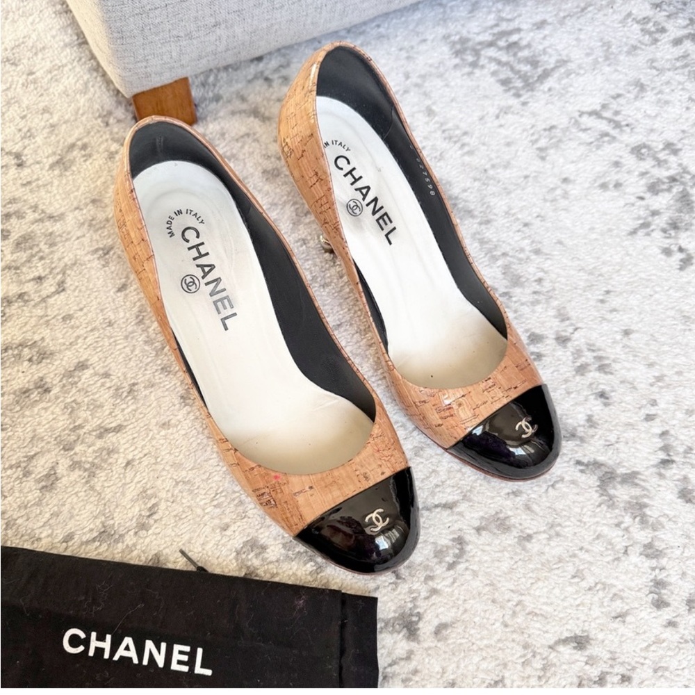 CHANEL Black and Tan Cork Heels